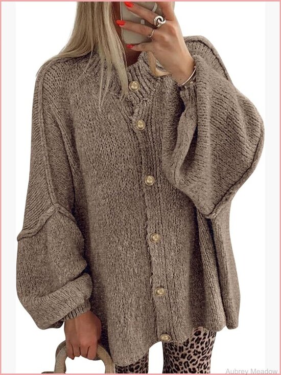 Sweaters - Chunky Knit Cardigan Open Front Lantern Sleeve Oversized Sweater